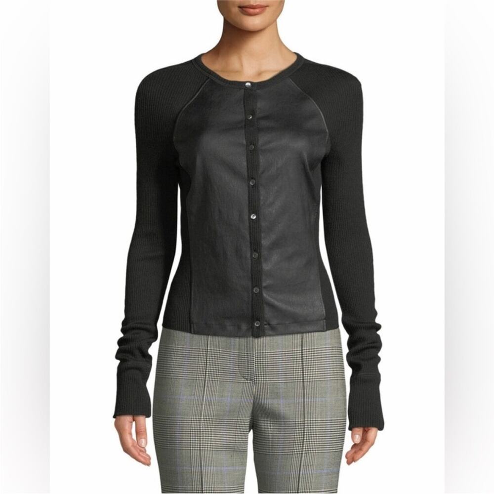 Theory Wool Lamb Leather Sweater Cardigan Womens S Black Button Front Raglan